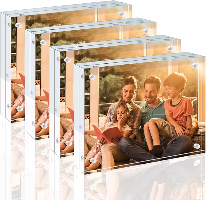 Egofine 3.5x5 Acrylic Frame 4 Pack, 20mm Thicker Frameless Clear Picture Frame, Double Sided Magnetic Picture Frame, Free Standing Desktop Display