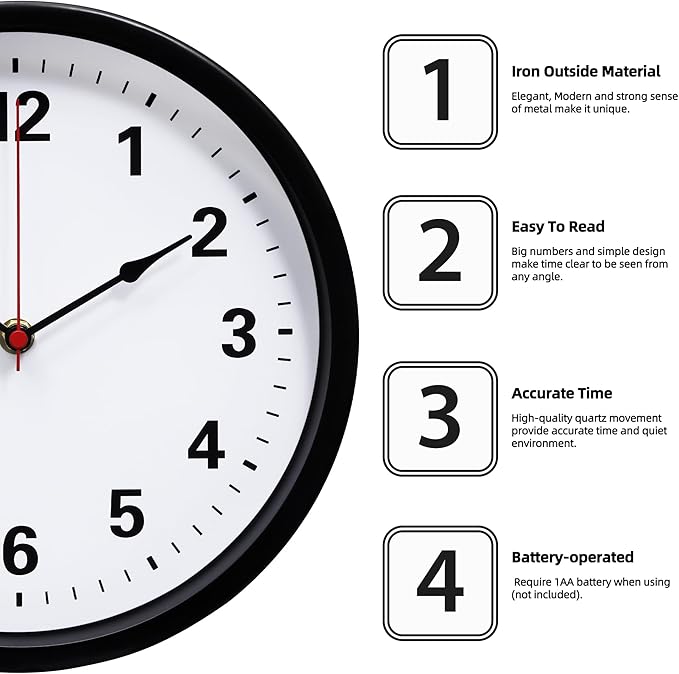 LEIKE Metal Wall Clock 10IN Black, Retro Silent Quartz Battery Operated, Decorative for Patio, Kitchen, Living Room, Bedroom, Pool