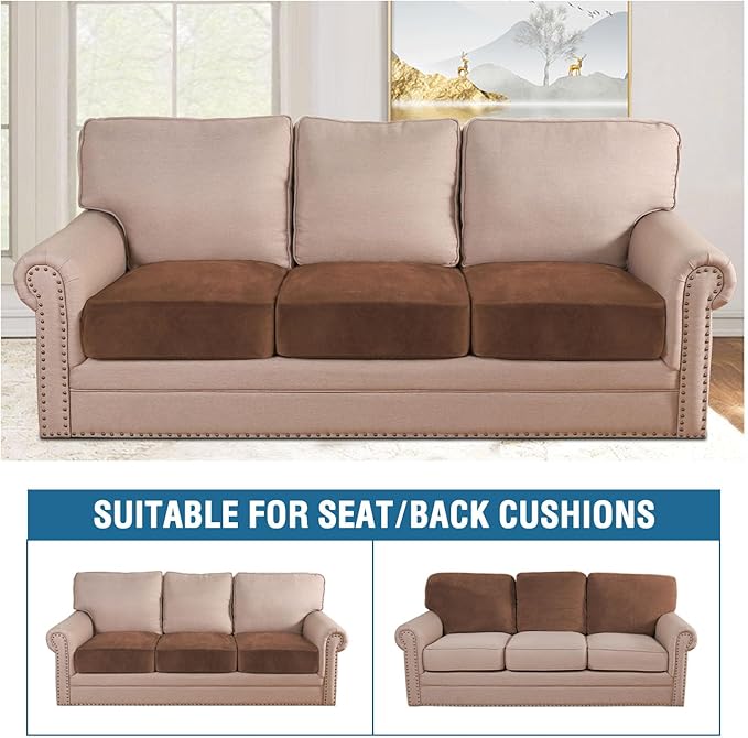 H.VERSAILTEX Velvet Stretch Couch Cushion Cover Plush Cushion Slipcover for Sofa Cushion Furniture Protector Seat Cushion Sofa Cover (3 Piece Sofa Cushion Covers, Caramel)