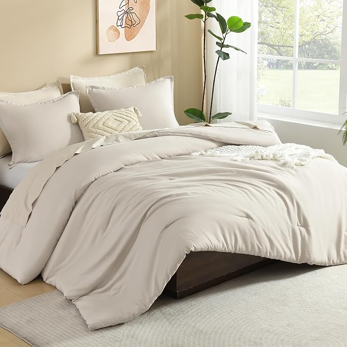 Litanika Comforters Tannish Grey Full Size, 3 Pieces Lightweight Solid Bedding Set & Collections, All Season Fluffy Bed Set (79x90In Comforter & 2 Pillowcases)