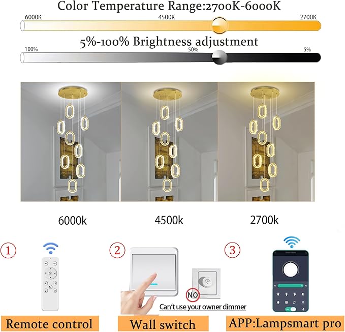 Gold 8 Rings Crystal Chandelier for Foyer Stairwell High Ceiling Chandelier Dimmable Oval Crystal Ring Pendant Light