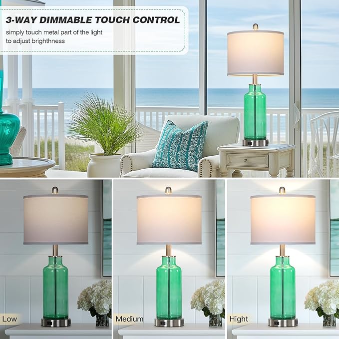 26.5" Coastal Green Glass Table Lamps Set of 2, 3-Way Dimmable Touch Control Bedside Lamps with USB Ports and AC Outlet, Teal Nightstand Lamps for Bedroom Living Room