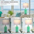 26.5" Coastal Green Glass Table Lamps Set of 2, 3-Way Dimmable Touch Control Bedside Lamps with USB Ports and AC Outlet, Teal Nightstand Lamps for Bedroom Living Room