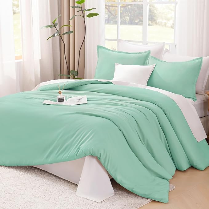 Litanika Comforters Mint Green Full Size, 3 Pieces Lightweight Solid Bedding Set & Collections, All Season Fluffy Bed Set (79x90In Comforter & 2 Pillowcases)