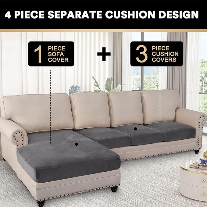 PrinceDeco Sectional Couch Covers 4 Pieces Velvet Separate Couch Cushion Covers L Shape for Left/Right Chaise Sectional Couch with Elastic Bottom (3 Seater + 1 Chaise,Grey)