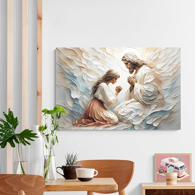 XWNLTEPK Praying to Heaven Christian Art Jesus and Woman Praying Bible Canvas Wall Decor Jesus Portrait Mormon Wall Print