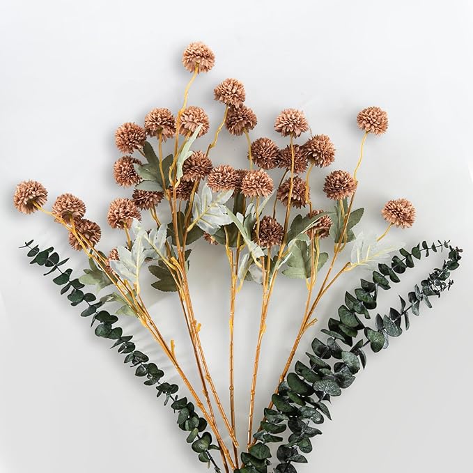 6 Artificial Silk Flowers + 3 Eucalyptus, Artificial Chrysanthemums with Stems for Home Decor, Light Taupe