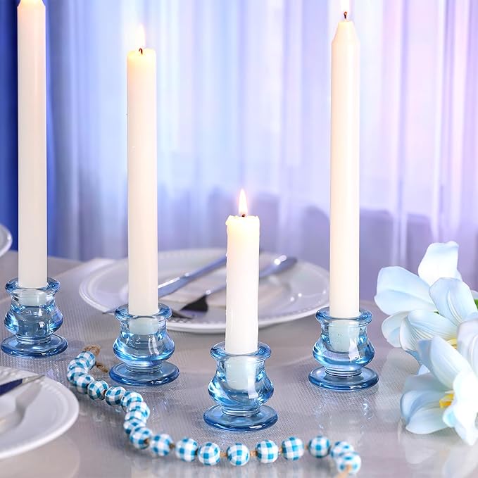 12pcs Blue Candlestick Holders, Blue Glass Candle Holders for Pillar Candles, Taper Candle and Tealight Candles, Taper Candle Holders for Wedding, Table Centerpiece