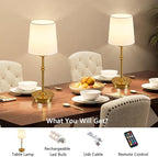 Rechargeable Cordless Table Lamp, Brushed Gold Battery Operated Desk Lamps with Detachable LED Bulbs, 13 Colors Dimmable Bedside Lights for Bedroom, Bar, Night Light, Camping