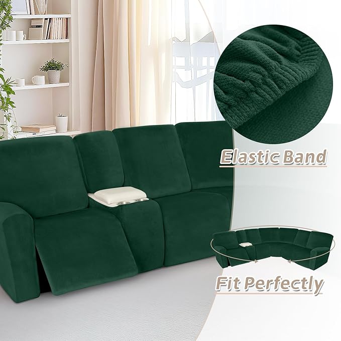 Arfntevss Sectional Recliner Couch Covers Velvet Washable Corner Sectional Sofa Cover for Reclining Stretch Soft Thick L Shape Recliner Slipcover Set (5 Seat with 1 Console Cover, Dark Green)