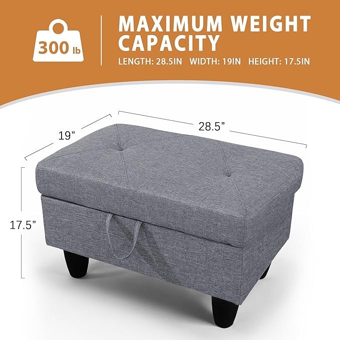 Ottoman Rectangular Storage Ottoman Bench, Flannel Footrest Stool Footstool with Lid for Living Room, Bedroom, Entryway, Gray, 28.5"x19"x17.5"