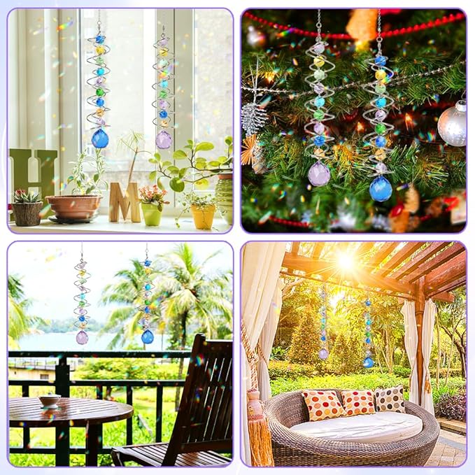 Sun Catchers, 2pcs Gazing Ball Spiral Tail Wind Spinners Crystal Suncatcher Prism Hanging Crystals Rainbow Maker for Windows Indoor Outdoor Garden Car Decorations Christmas Party Gifts for Girls Women