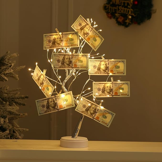 Money Tree Gift Card Holder 108 LEDs Lighted Fairy Light Spirit Trees Battery/USB Powered Light Up Display Tree with 22 Clear Clips for Photo, Cash,Card, Memo,Home Decor