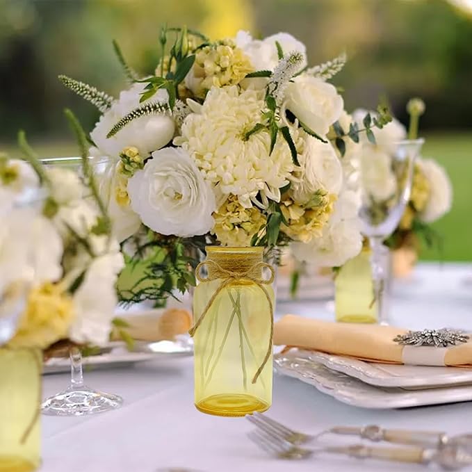 Vintage Glass Flower Vase，12 Pack Gold Amber Farmhouse Glass Centerpiece Vases Mason Jars for Weddings, Parties & Home Decor Bulk (12, Gold)