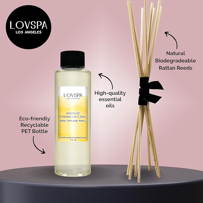 LOVSPA REVITALIZE Mandarin Lime & Basil Diffuser Oil - Essential Oils for Diffuser Refill & Air Freshener Room Spray - Long-Lasting & Natural Home Fragrance, Scented Oil for Diffusers, USA Made, 4oz