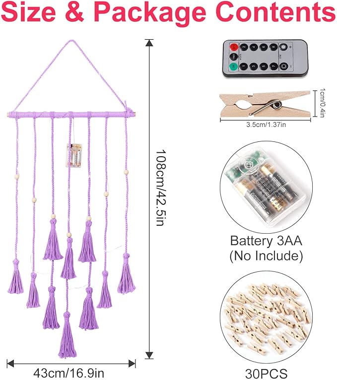 Homecor Hanging Photo Display Wall Decor, Purple Macrame Hanging Boho Room Bedroom Decor, Picture Frame Collage with Light 30 Clips, Christmas Teenage Teen Girl Gifts Ages 10 11 12 13 14 Years Old