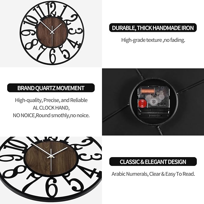 Large Wall Clock for Living Room Decor, 16 Inch Non Ticking Silent, Battery Operated Modern Vintage Oversized Wall Clock for Bedroom Kitchen