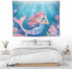 HZOHNAGO Mermaid Girls Tapestry Watercolor Flowers Mermaid Princess Blessing Pattern for Kids Room Decoration Printed Wall Tapestry Wall Hanging for Bedroom Living Room Dorm 80" W x 60" H