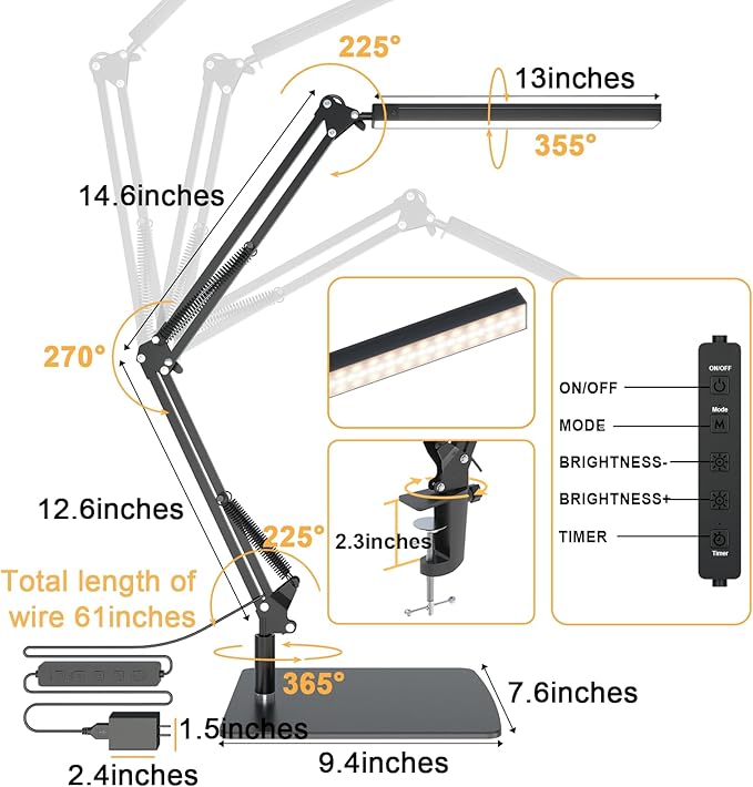 LED Desk Lamp for Home Office and Round Base, Clamp-On with 5 Light Modes & Auto Shut Off | 14W Adjustable Brightness 5000K Eye-Caring Lighting for Study/Bedroom/Computer Desk
