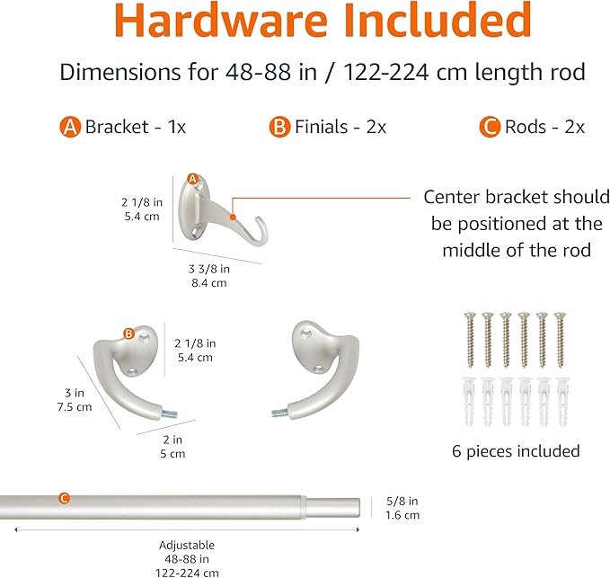 Amazon Basics Adjustable Room Darkening Blackout Curtain Rod, 48" to 88", Nickel