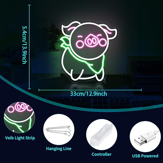 Pig Neon Sign - HSJNJKFU Neon Signs for Wall Decor Animal Led Sign Light Up Sign for Room Birthday Party Home - LED Neon USB Powered