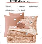 Queen Comforter Set -7 Pieces Clay Pink Floral Comforter Set for All Seasons, Bed in a Bag Queen with Botanical Flowers Comforter, Sheets, Pillowcases & Shams