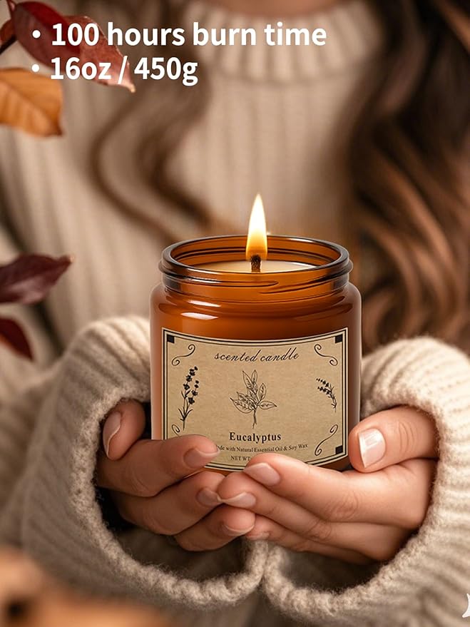 Home Scented Candles, 16oz Large Jar Scented Candle – Eucalyptus Soy Wax Candle with 100 Hour Burn Time, Long Lasting Aromatherapy Candle for Stress Relief, Fresh Home Fragrance & Spa Gifts