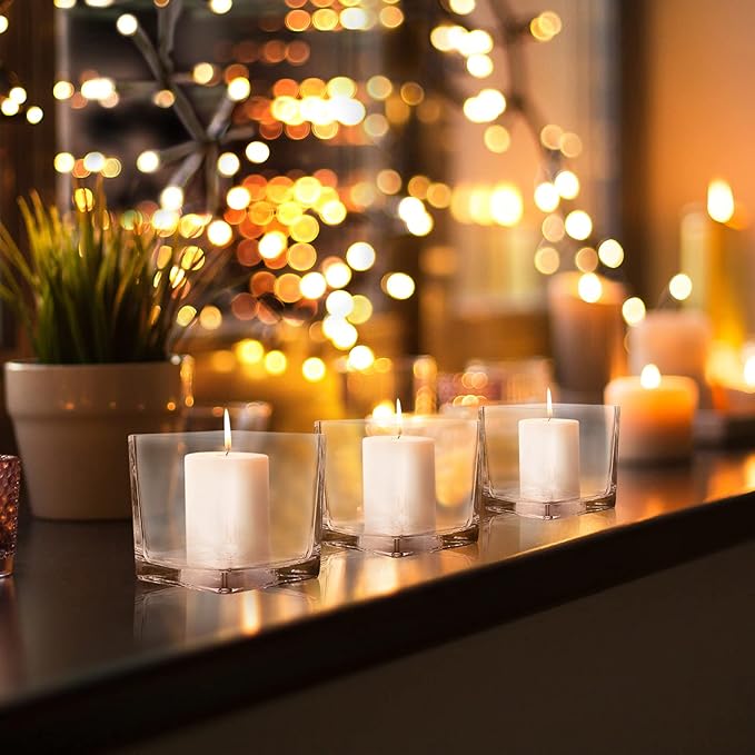 Set of 6 Square Glass Vases 4 x 4 Inch, Clear Cube Flower Vases with Sponge Brush, Candle Holders, Decorative Centerpieces for Home, Events or Weddings