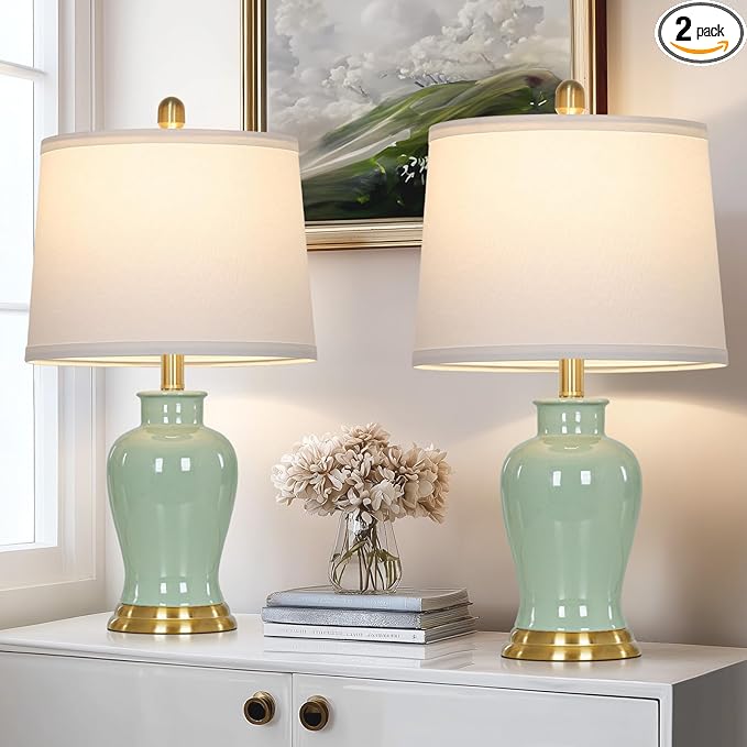 Green Ceramic Lamps Set of 2, 23" Modern Table Lamps for Living Room, Classic Bedside Lamp with Ginger Jar Design, Elegant Bedroom Lamp for Night Stand Desk Side End Table Home Decor