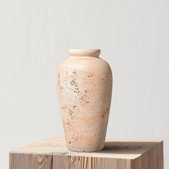 Ceramic Flower Vase, 11 inch Rustic Farmhouse Vase, Pottery Decorative Vases for Home Decor, Living Room, Shelf, Mantle, Entryway, Table Decor, White