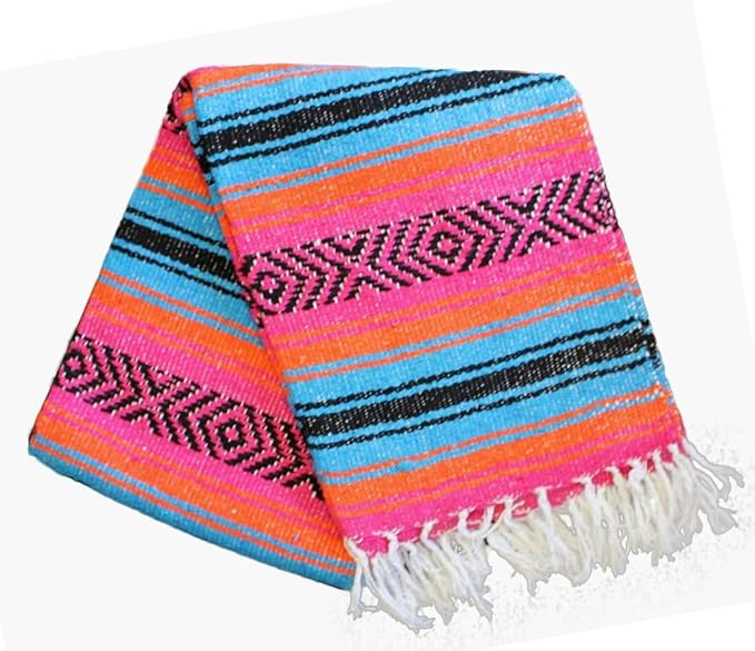 Del Mex Classic Mexican Blanket, Large Authentic Woven Falsa Throw (70"x50"), Artisan Southwest Décor for Beach, Yoga, Outdoors (Turquoise/Pink/Orange)