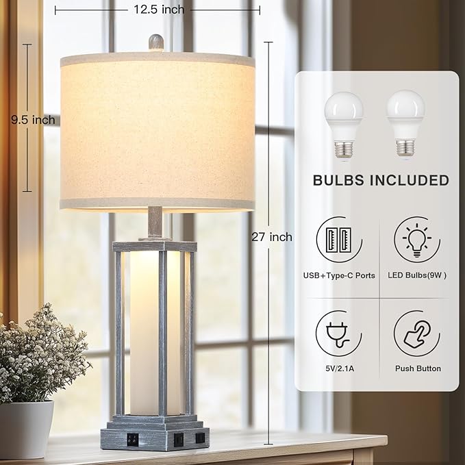 27" Tall Vintage Table Lamp Set of 2 with USB C+A & Outlet,Gray Nightstand Lamp for Living Room,Retro Bedside Lamps with Frosted Glass Night Light for Bedroom Entryway,Grey