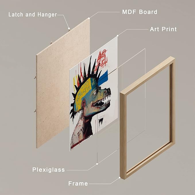 SIGNWIN Framed Vintage Retro Antique Basquiat Dinosaur Print Wall Art, Set of 4 Illustration Wall Decor Prints, Multicolor Contemporary Wall Décor for Living Room, Bedroom - 12"x16" Natural