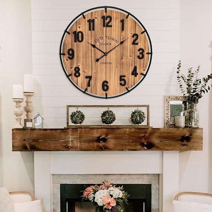 Large Old Town Farmhouse Wall Clock 20 Inches - Rustic Antique Wood with Metal Circle and Large Numerals Silent Battery Operated Wall Clock for Office Kitchen Bedroom Living Room