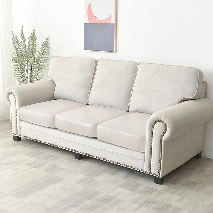 Yates Home PU Leather Couch Sofa Cushion Slipcover Water-Proof Elastic Chair RV Seat Covers Loveseat Slip Cover for Settee Seater in Living Room（3 Piece Large Sofa Cushion Covers,Ivory