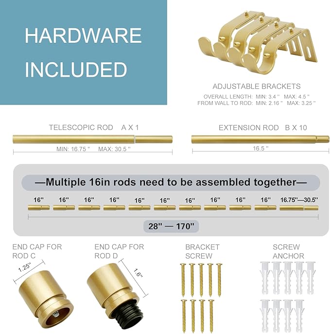 Curtain Rods for Windows 16 to 170 Inches Adjustable Length 1 Inch Diameter Window Curtain Rod with Aluminium Finials, Flash Gold