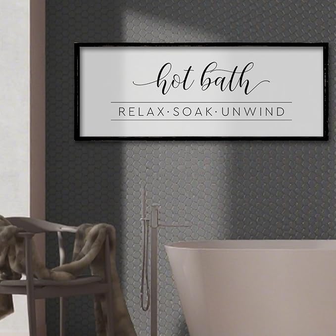 ZZJJHYWGQ Hot Bath Relax Soak Unwind Sign Bathroom Wall Decor 32"×12" Farmhouse Rustic Funny Bathroom Vintage Restroom Guest Large Wooden Framed Washroom Hanging Art (Black)
