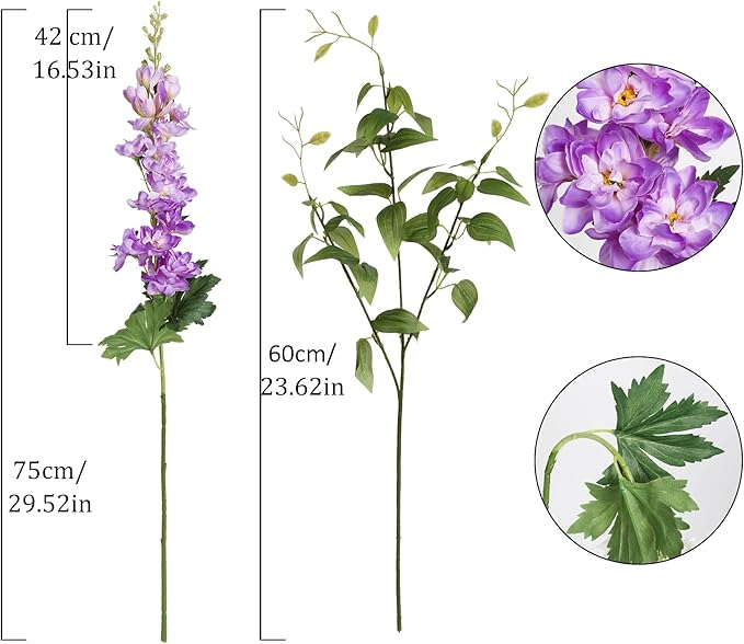 Purple Delphinium Artificial Flowers 29.5" with Clematis Greenery 8PCS Long Stem Flowers for Tall Vase Purple Silk Flowers for Faux Flowers Arrangement Home Party Wedding Decor