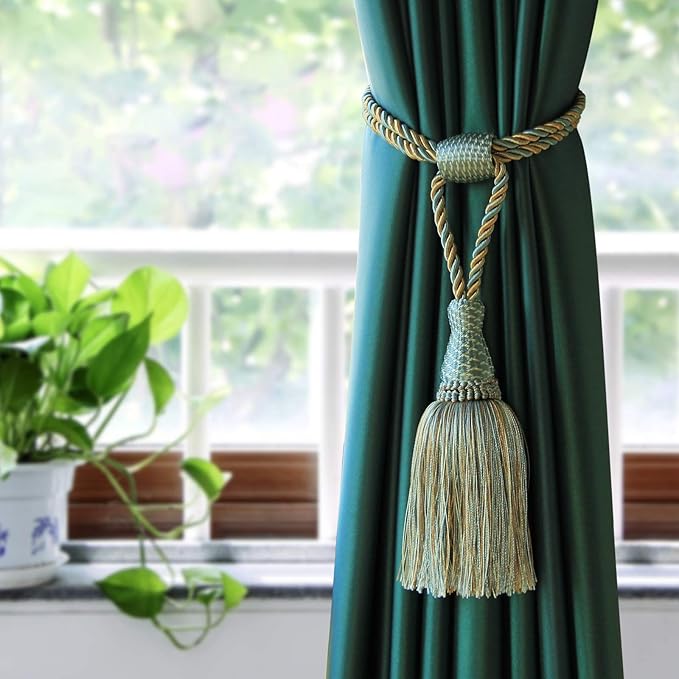 Fenghuangwu Curtain Tiebacks Handmade Elegant Curtain Tie Backs Holdbacks with Tassel for Home Office Decor 2 Pack - Blue