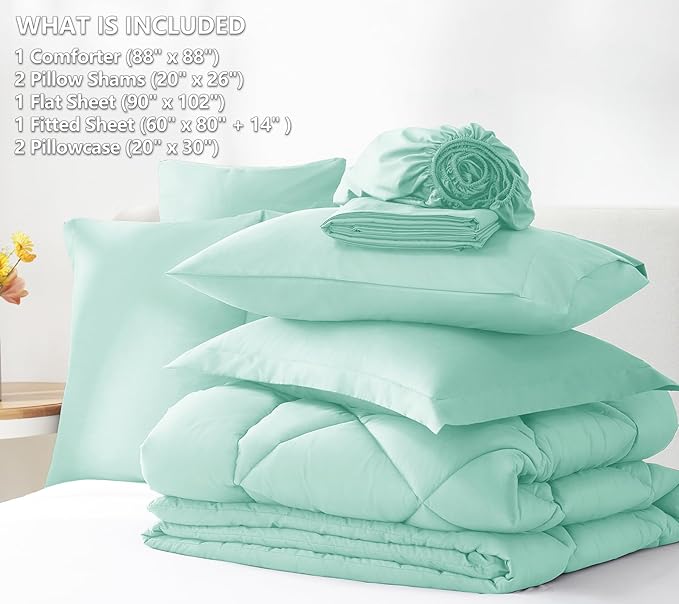 CozyLux Queen Comforter Set Mint Green - Bed in a Bag Queen Size 7 Pieces, Luxury Soft Bed Set for All Seasons, Bedding Set with Down Alternative Comforter, Sheets, Pillowcases & Shams