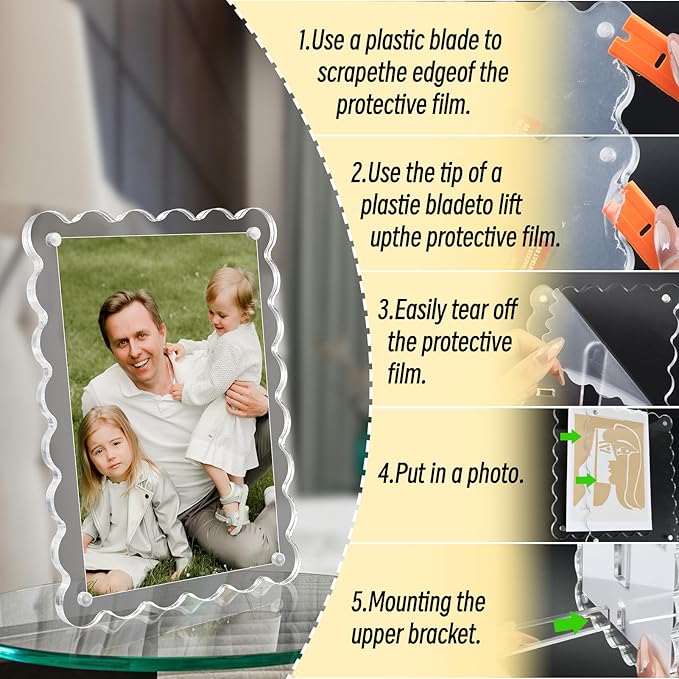 Acrylic Picture Frames 3 Pack 5x7 Scalloped with Detachable Brackets, Vertical and Horizontal Tabletop Display, Clear Magnetic Photo Frames for Home/Party/Wedding