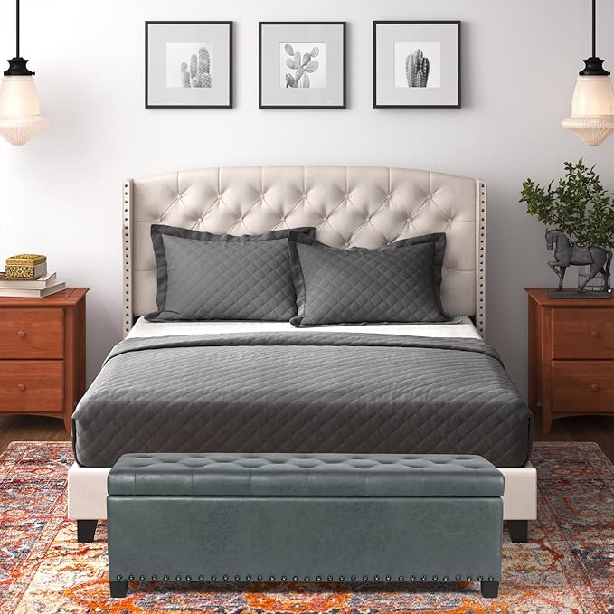 Joveco 47 Inch Storage Ottoman Bench,Tufted Fabric Storage Bench with Nailhead Trim for Bedroom (47”,Gray)
