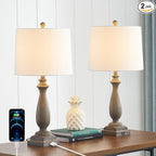𝟐𝟔-𝐈𝐍𝐂𝐇 Rustic Table Lamp Set of 2 for Living Room, Vintage Farmhouse Bedside Lamp with USB Charging Port, 3 Way Dimmable Resin Nightstand Lamps with White Shade for Bedroom, End Table