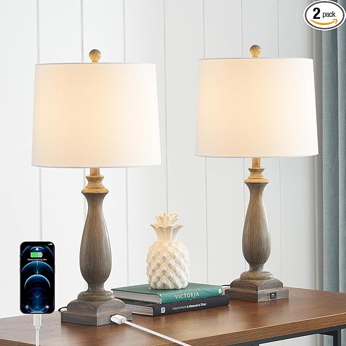 𝟐𝟔-𝐈𝐍𝐂𝐇 Rustic Table Lamp Set of 2 for Living Room, Vintage Farmhouse Bedside Lamp with USB Charging Port, 3 Way Dimmable Resin Nightstand Lamps with White Shade for Bedroom, End Table