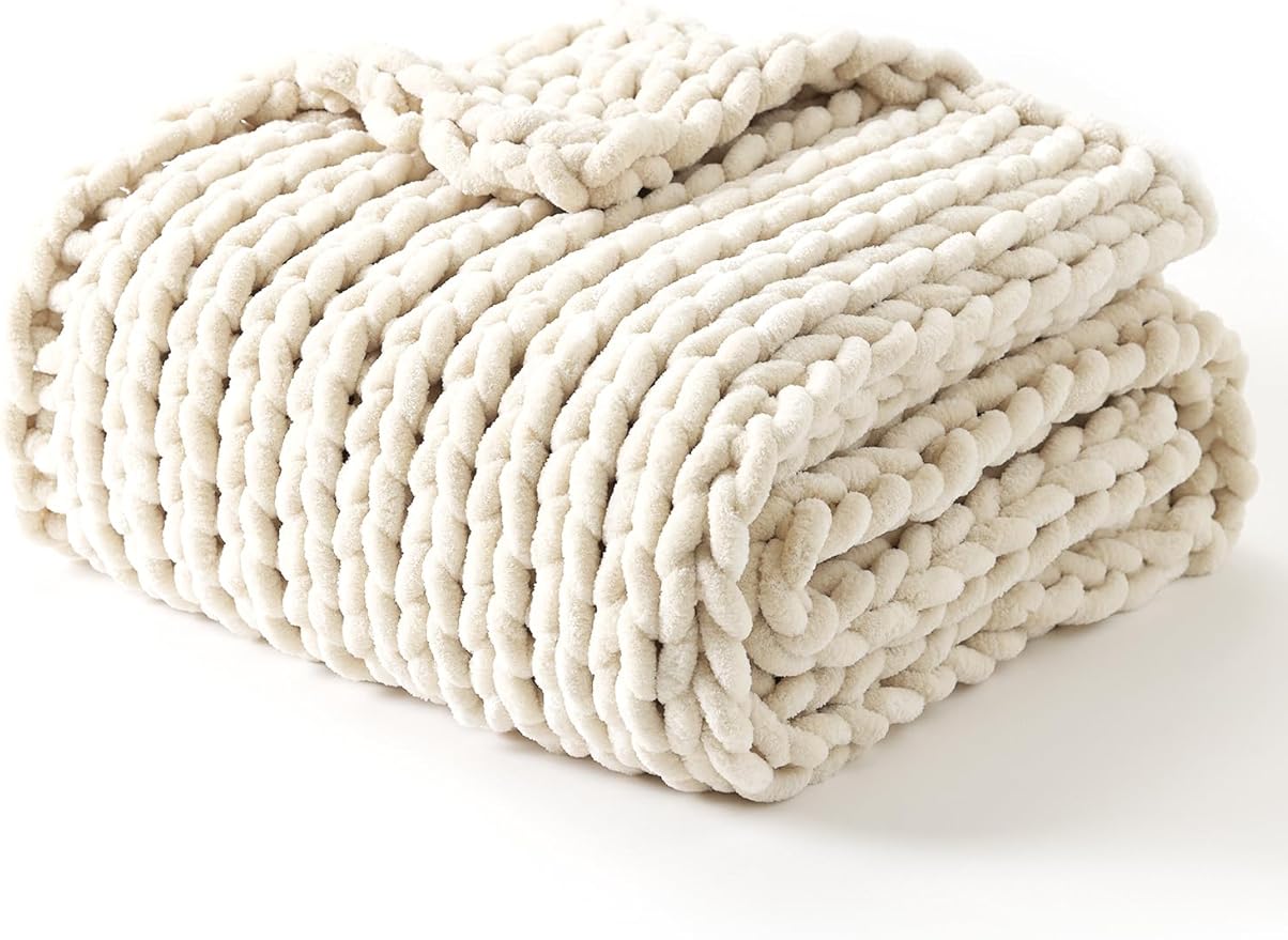 YnM Chunky Throw Blanket, Hand Knitted with Chenille Yarn, Skin Friendly, Ventilated and Breathable, Machine Washable, Home Décor Piece for Couch, Sofa and Bed (Butter Cream, 30x40 Inch)