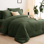 CozyLux Queen Comforter Set Olive Green Seersucker 7 Pieces Bed in a Bag Queen Comforter Set with Sheets Luxury Soft Bedding Set with Down Alternative Comforter, Sheets, Pillowcases & Shams All Season