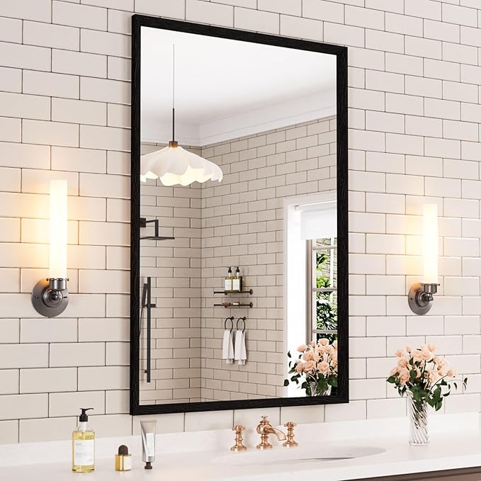 WEER 24X36 Inch Black Bathroom Mirror, Matte Black Framed Mirror, Rectangular Wall Mirror, Vanity Mirror for Bathroom, Anti-Rust, Tempered Glass, Hangs Horizontally or Vertically