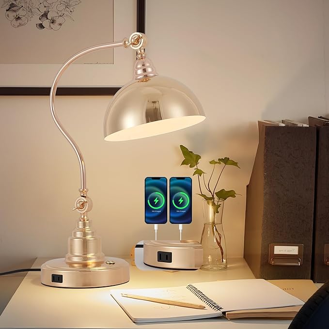 Vintage French Gold Desk Lamp Decorative Table Lamp for Home Office Living Room Bedroom Desk Light, Rustic Industrial Farmhouse Antique Library Study Desk Lamp E26 LED Bulb Included