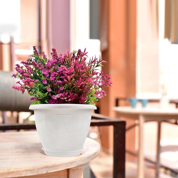 Plastic Flower Pots Planters for Indoor Plants, 3 Pack 10 Inch White Plant Pots with Drainage Hole & Tray, Modern Decorative Large Plant Pot with Saucer for Indoor Outdoor Plants Garden House Planter