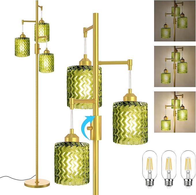 Gold Floor Lamp for Living Room, Vintage 3-Light Green Glass Standing Lamp, Brass Base Mid Century Modern, Retro Tree Design Tall Floor Lamps